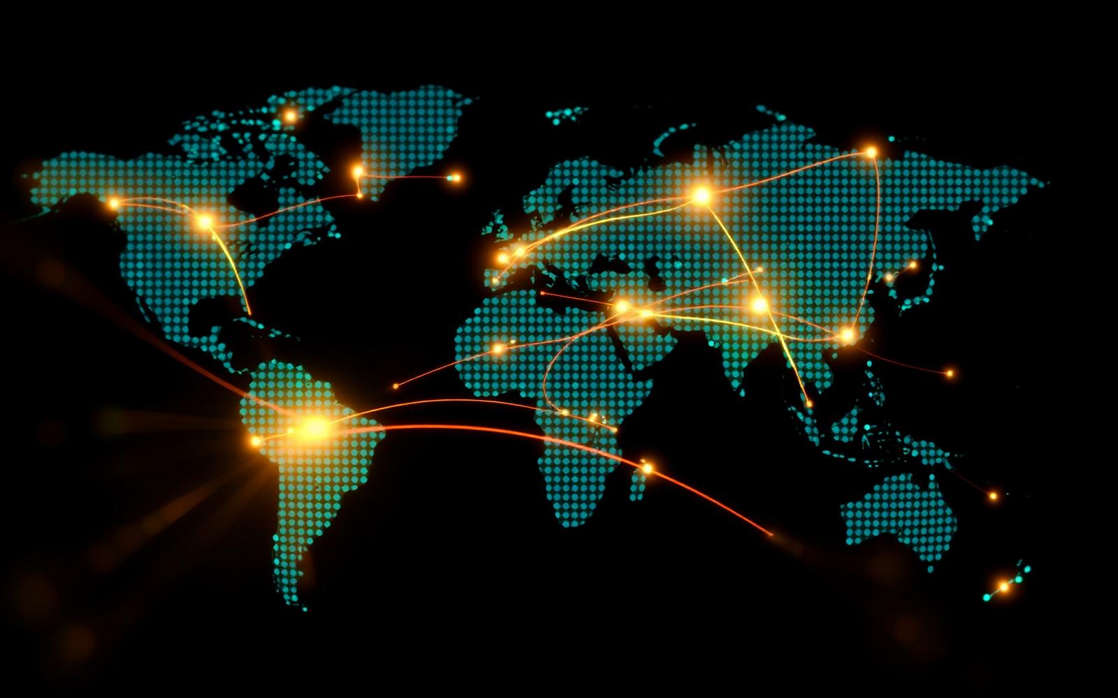 Global network map showing connected hubs